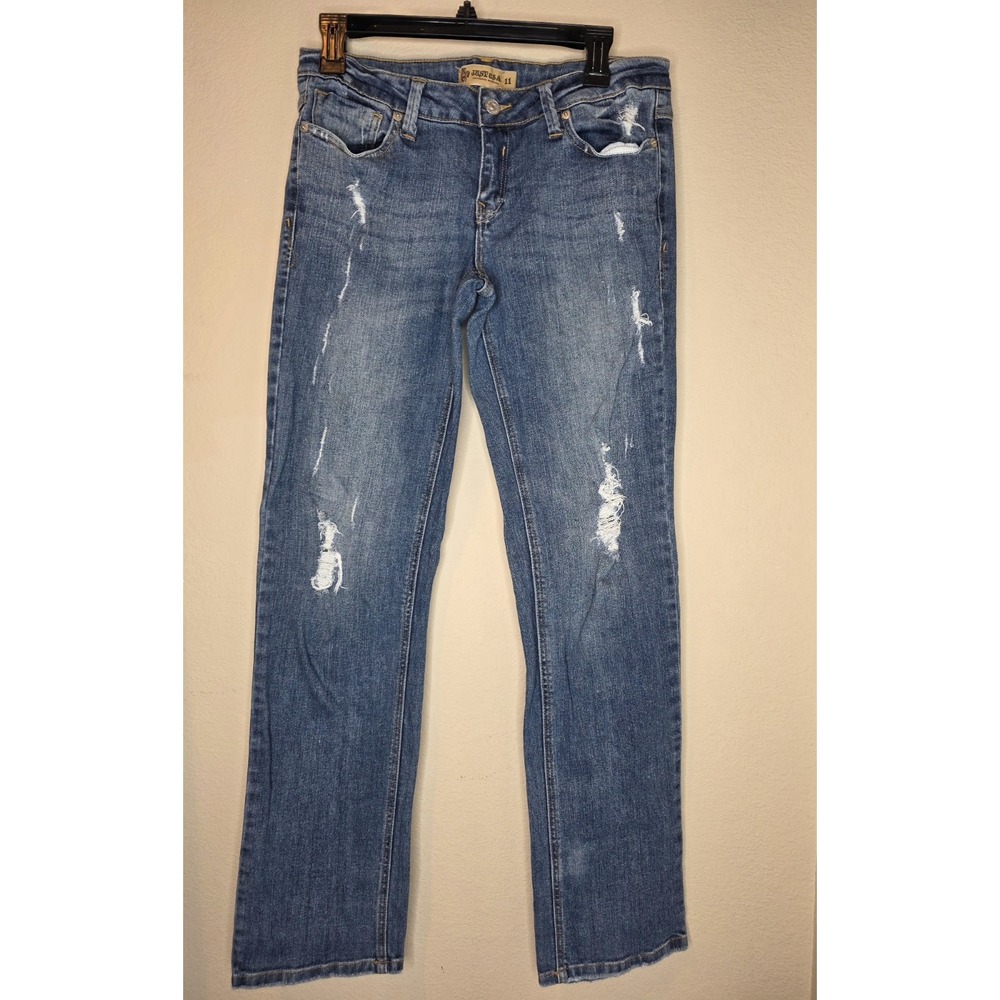 Just USA Womens Juniors Size‎ 11 Distressed Straight Medium Dark Blue Jeans